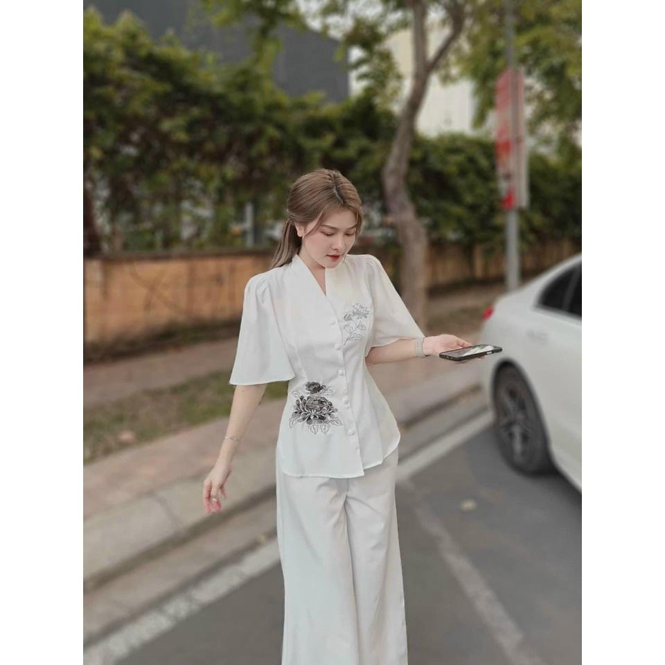 Set đồ lam đi chùa áo cổ v viền hoa kèm quần suông mẫu nina lê trắng hồng