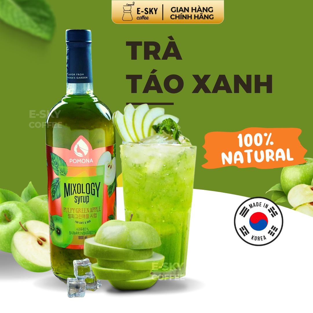 Siro Táo Xanh Pomona Pulpy Green Apple Syrup Nguyên Liệu Pha Chế Hàn Quốc Chai Thủy Tinh 1 Lít