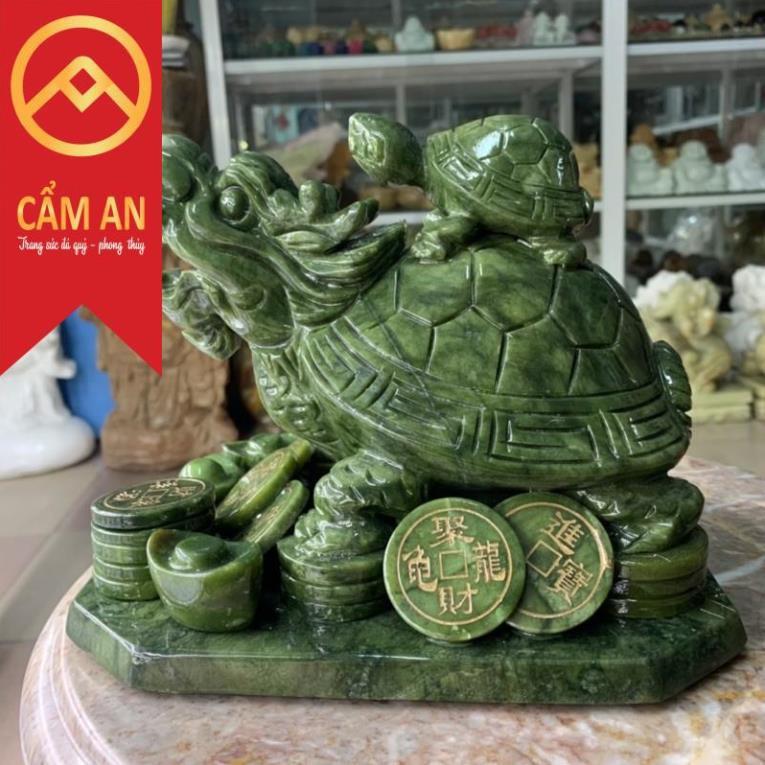 Tượng Long Quy cõng con phong thủy đá ngọc Serpentine Ấn độ - Dài 22 cm