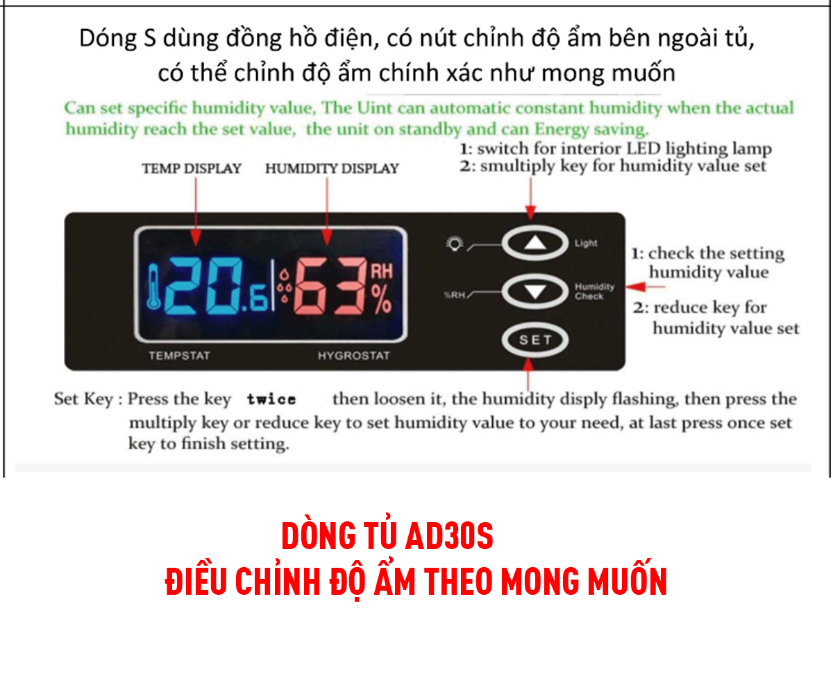 Tủ chống ẩm máy ảnh  30 Lít nhập khẩu Andbon, Tủ hút ẩm 30L., 2 ngăn, màn lLCD  cài đặt % độ ẩm, tiết kiệm điện - Hàng Chính hãng