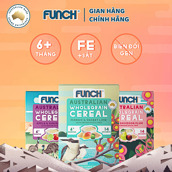 (Mua 2 tặng 1) Combo 2 Hộp Ngũ Cốc Ăn Dặm Funch Úc 168g Tặng 1 Bịch Trái Cây Nghiền 120g