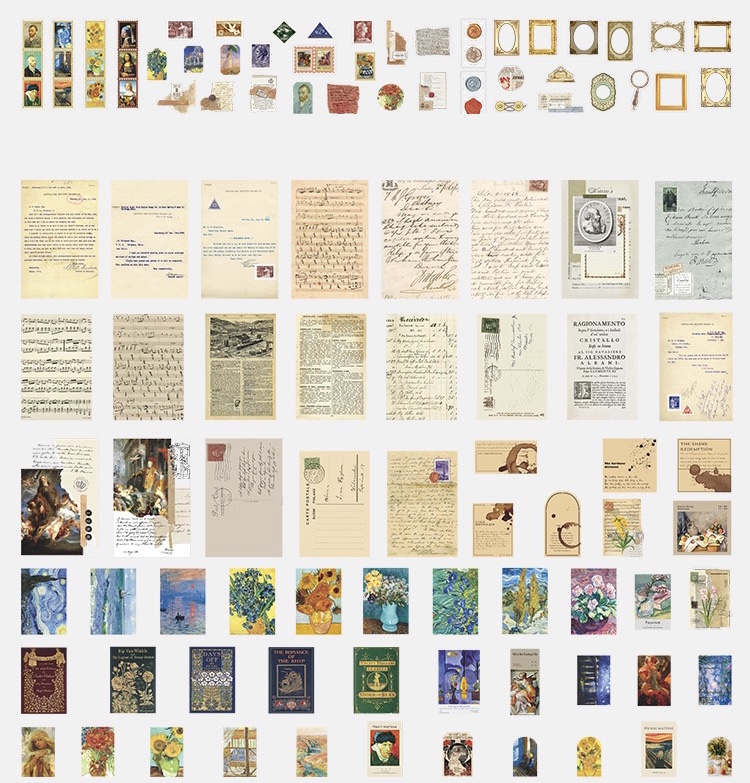 Set vintage 200 pcs nhiều chủ đề bao gồm stickers x giấy nền trang trí junkjournal