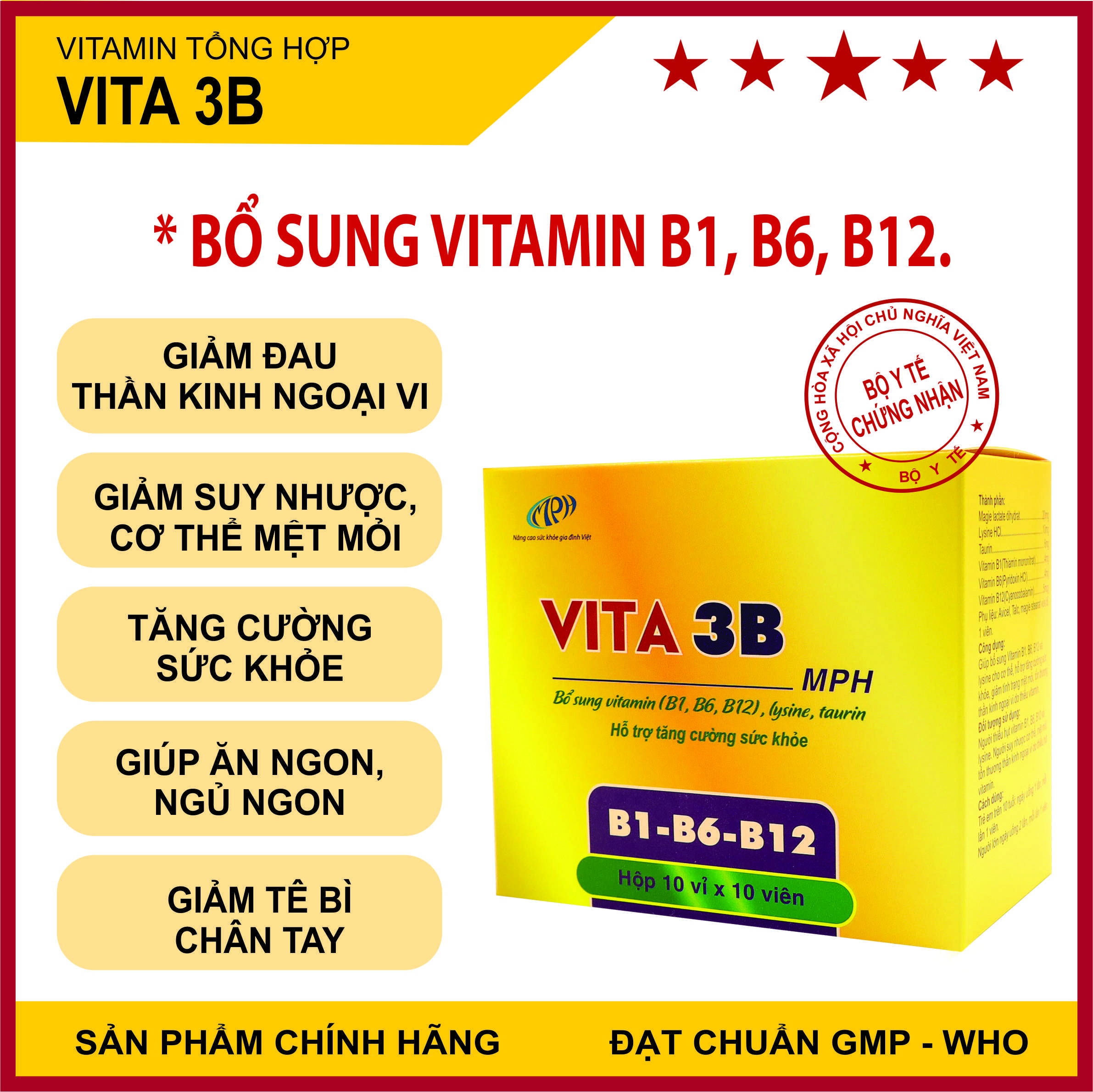 Vitamin b Vita3B - Cung cấp các vitamin thiết yếu cho cơ thể: B1, B6, B12. Hỗ trợ tăng cường sức khỏe, giảm mệt mỏi. Hộp 100 viên. SP chính hãng, đạt chuẩn GMP - WHO.