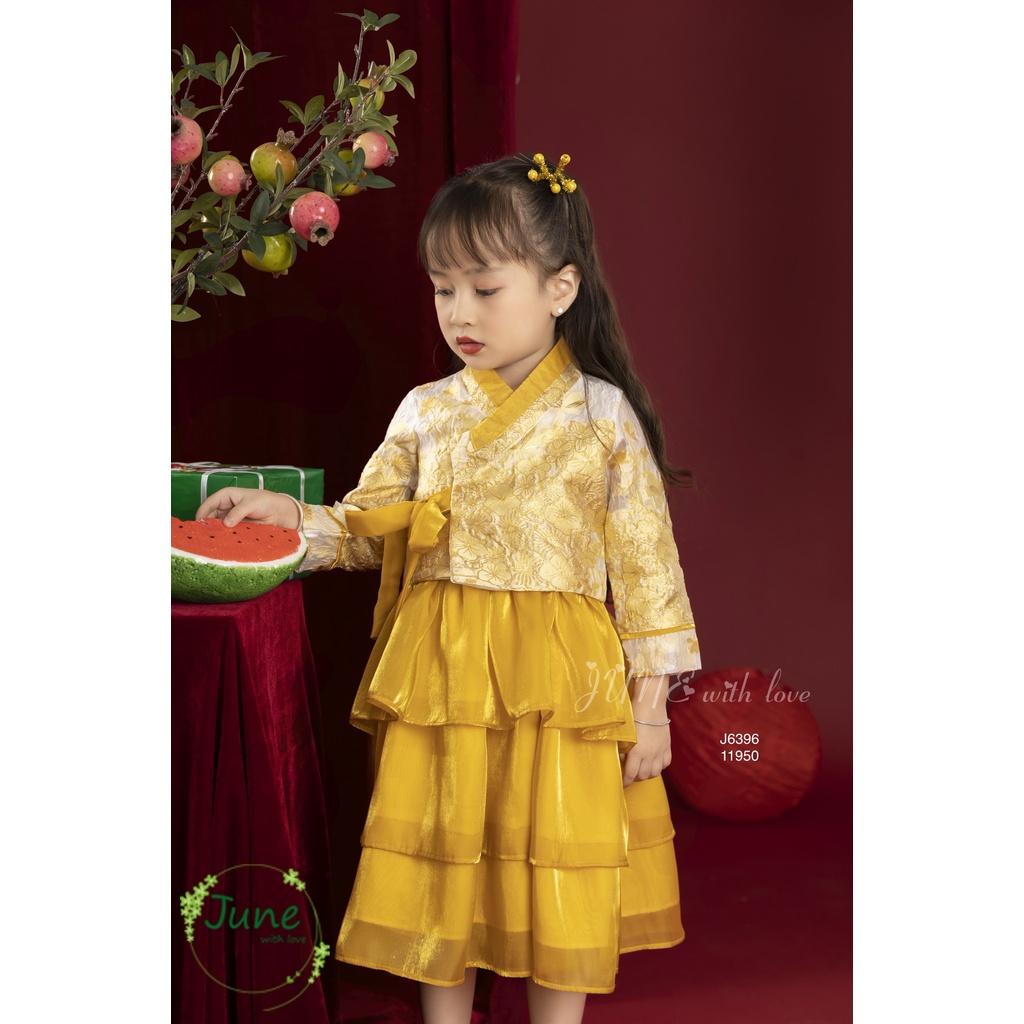 Đầm công chúa hanbok hoa cho bé gái màu vàng diện tết đẹp size 12-35kg hàng Thiết kế
