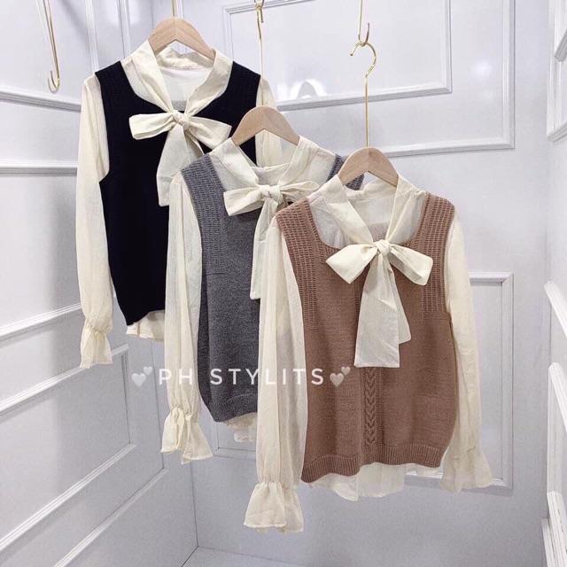 Set áo len sơ mi cổ nơ