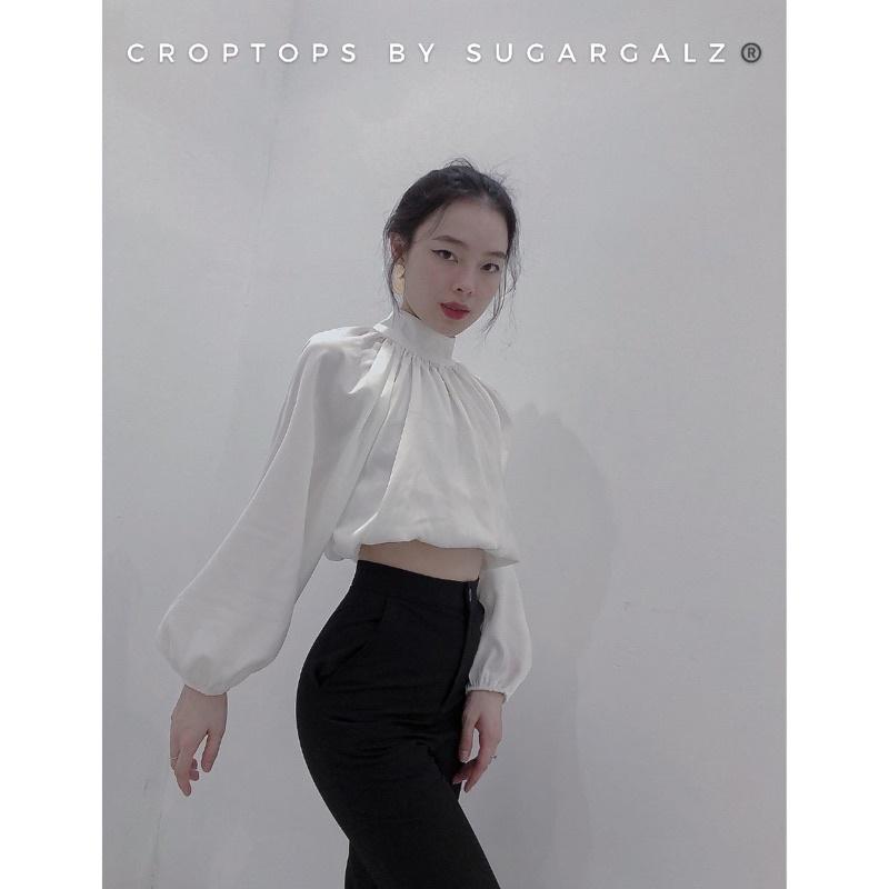 Áo croptop dài tay cổ lọ tay bồng bèo nhún tiểu thư - by SGGz