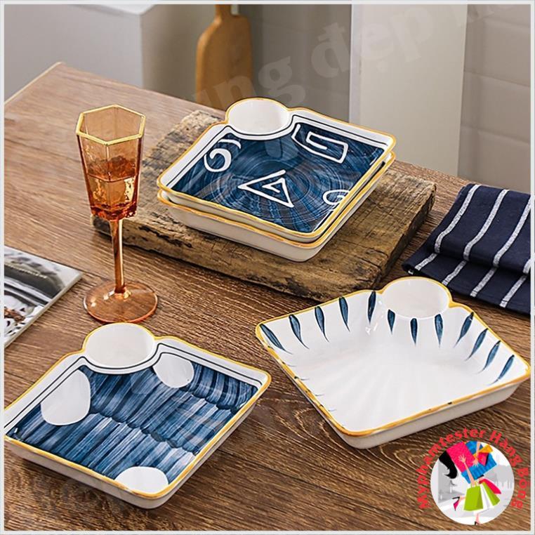 Đĩa Vuông Có Ngăn Chấm Nhật Bản | Đĩa sứ vuông cao cấp 2022 có chia ngăn đựng gia vị Phong Cách Decor Retro