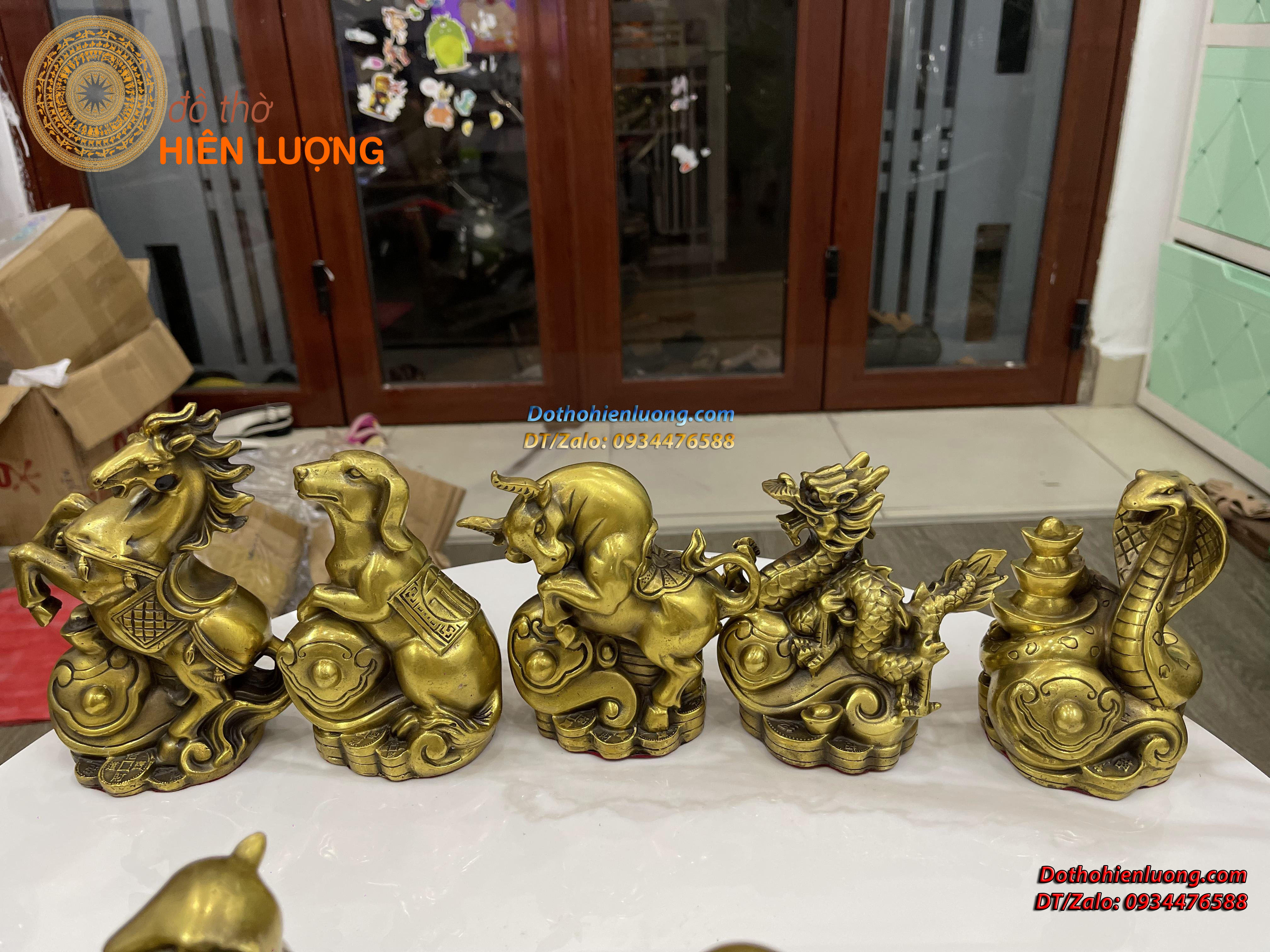 Bộ Tượng 12 Con Giáp Màu Vàng Bằng Đồng Nguyên Chất Cao Trung Bình 14cm, Nặng 9kg/bộ - Đồ Thờ Hiên Lượng