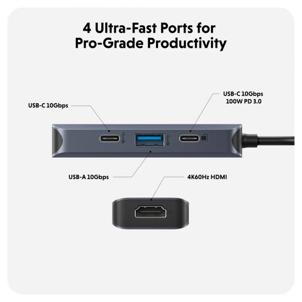 HUB chuyển đổi HyperDrive Next 4 in 1 Port USB-C cho Macbook/ Laptop - Truyền tải dữ liệu nhanh HD4001GL