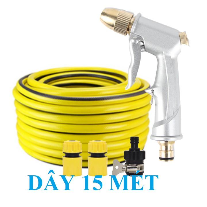 Bộ dây vòi xịt nước rửa xe, tưới cây . tăng áp 3 lần, loại 15m 206701 đầu đồng, cút,nối nhựa đen + tặng mở chai