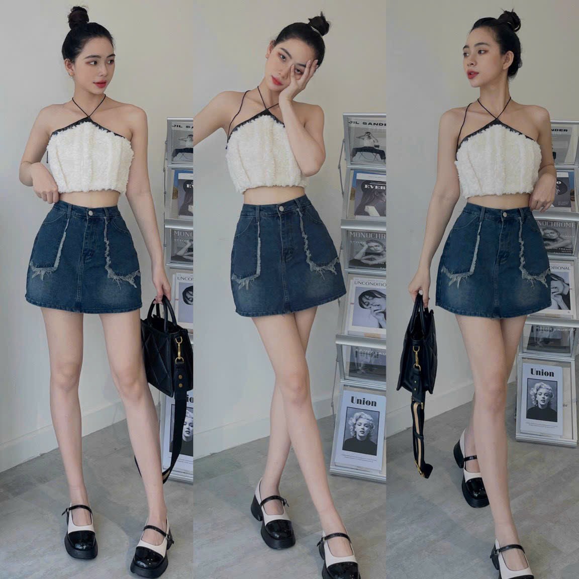 Chân váy jean ngắn chữ A túi kiểu