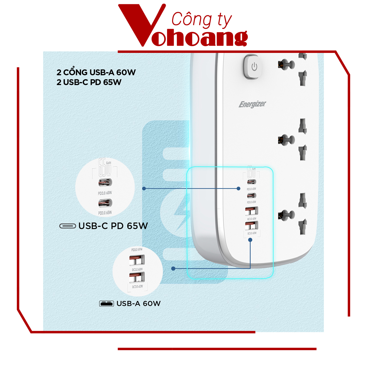 [Mỹ] Ổ cắm điện Energizer đa năng 3AC kèm 2USB-A và 2USB-C sạc nhanh PD (max PD 65W) - Energizer EPB3250W00EU