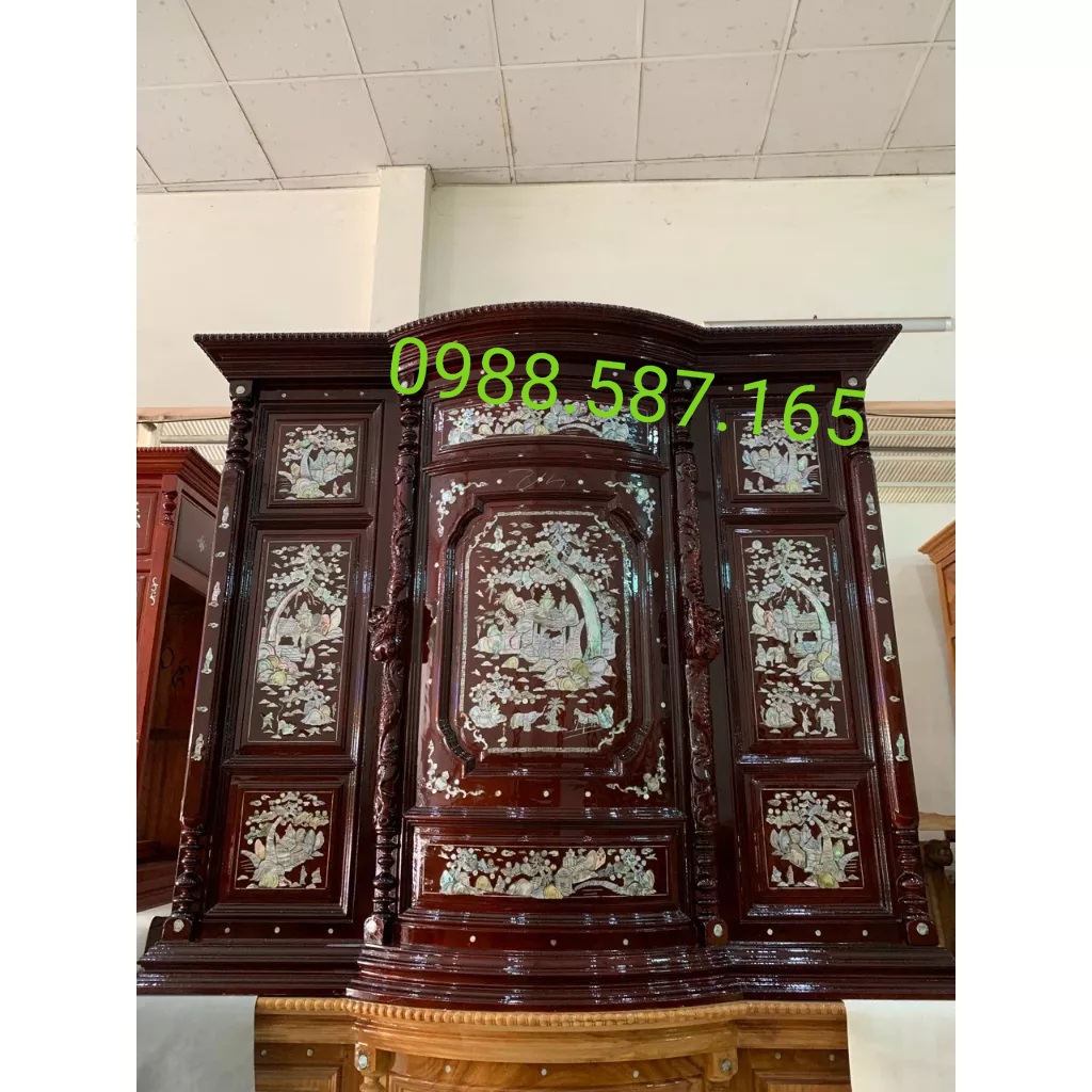 Tủ thờ gia tiên,tủ thờ căm xe bụng phệ cẩn trai Vip ngang 1m54