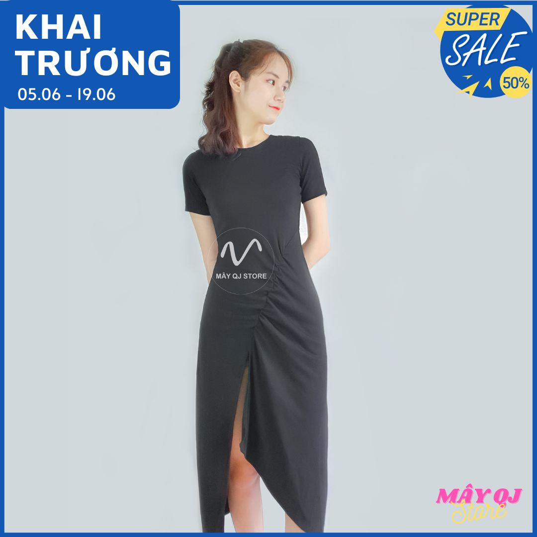 Đầm Body Nữ Dáng Dài Nhún Eo Ngắn Tay Chất Vải Thun Cotton Co Giãn Mềm Mịn Quyến Rũ Freesize dưới 58kg