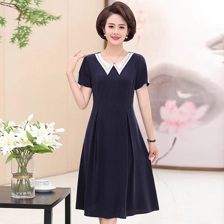 DRESS237-ĐẦM XÒE CỔ PHỐI MÀU TRUNG NIÊN S-6XL