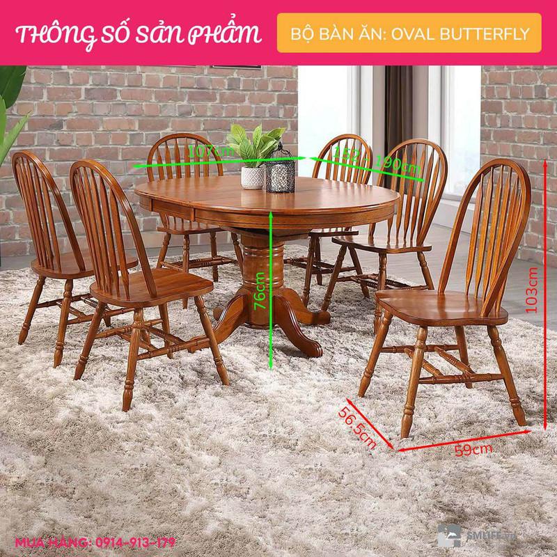 Bộ bàn ăn thông minh kéo dài hình Oval 6 ghế gỗ sồi tân cổ điển SMLIFE Butterfly |  D152 x R107 x C76cm | tăng giảm độ dài bàn