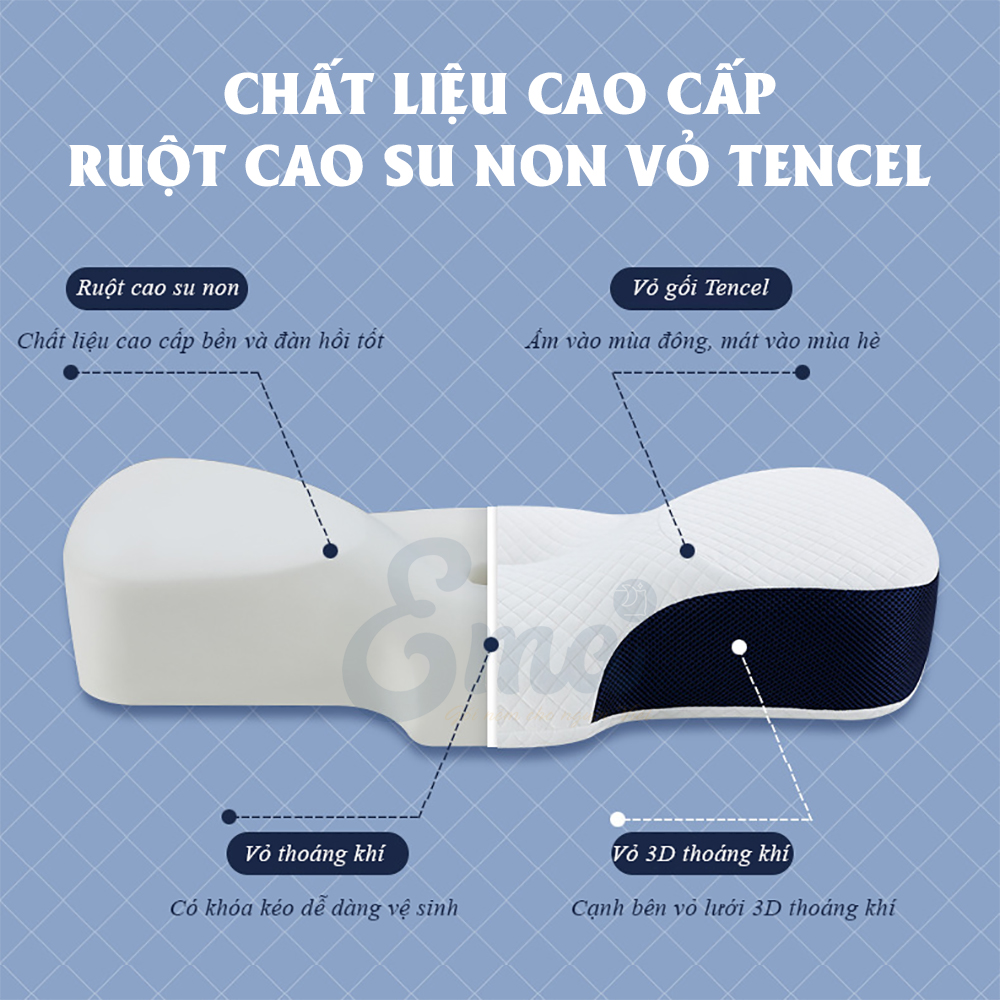 Gối cao su non công thái học chống đau vai ngáy, ngủ ngáy, hỗ trợ ngủ nhanh EMA- Thiết kế riêng biệt cho tư thế nằm ngửa và nằm nghiêng