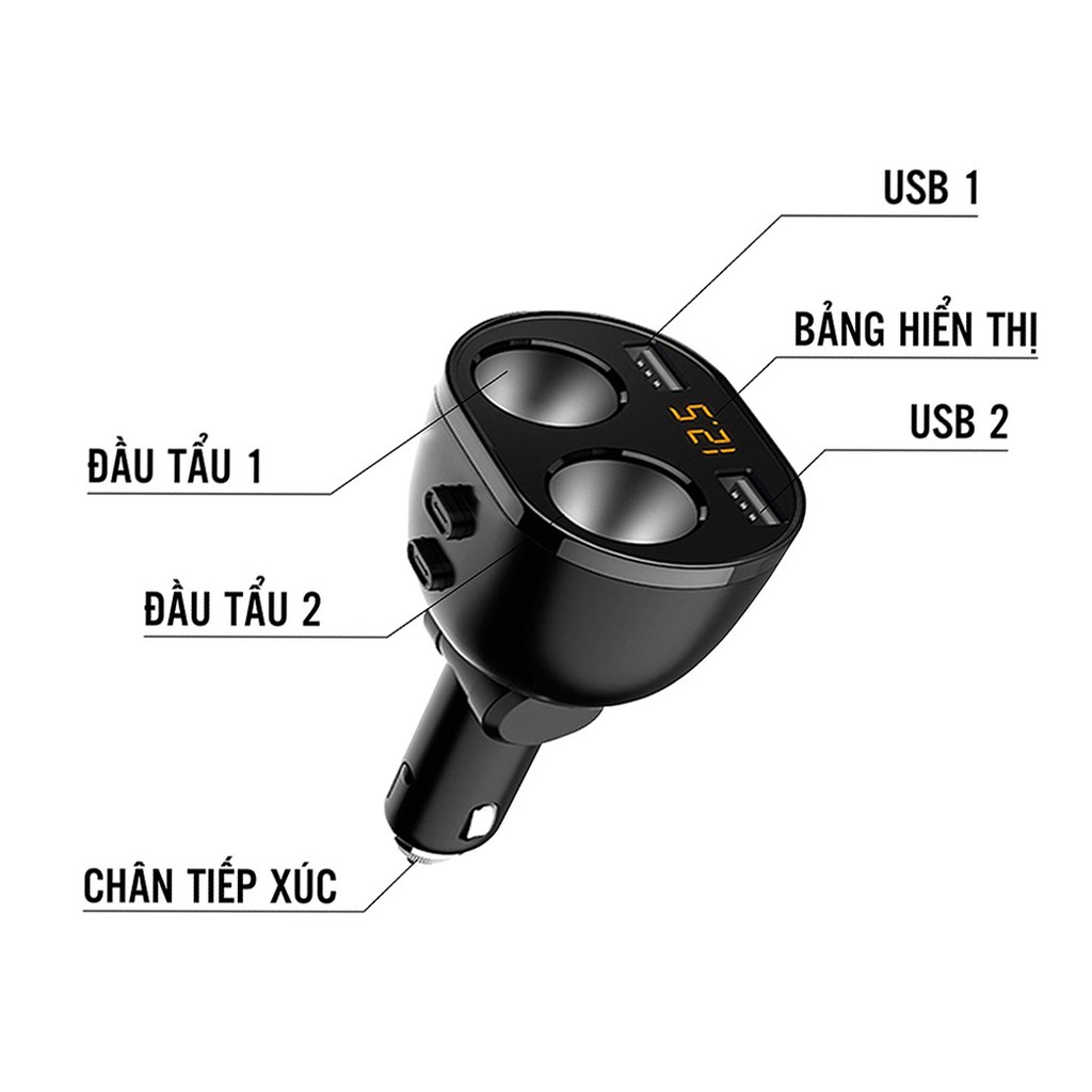 Tẩu sạc ô tô với 2 dock sạc, 2 cổng USB sạc nhanh QC3.0