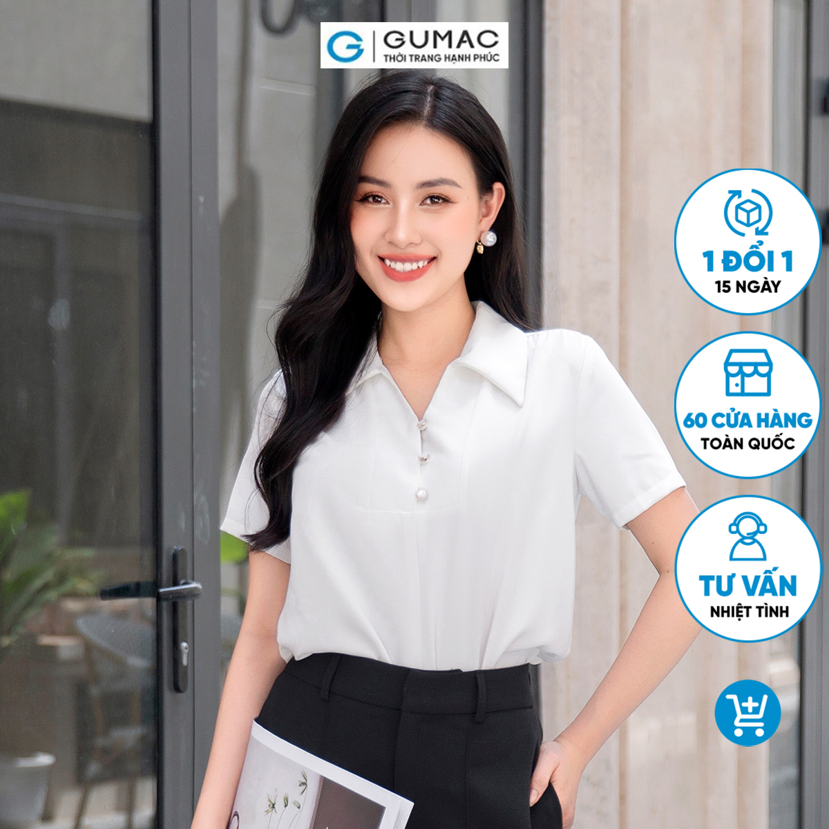 Áo kiểu bâu nẹp V vải lụa mềm mát công sở đi tiệc sang trọng thời trang GUMAC AD09054