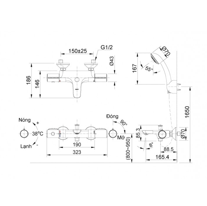 Trọn bộ Vòi sen tắm nhiệt độ nóng lạnh INAX BFV 3413T-8C - Hàng chính hãng