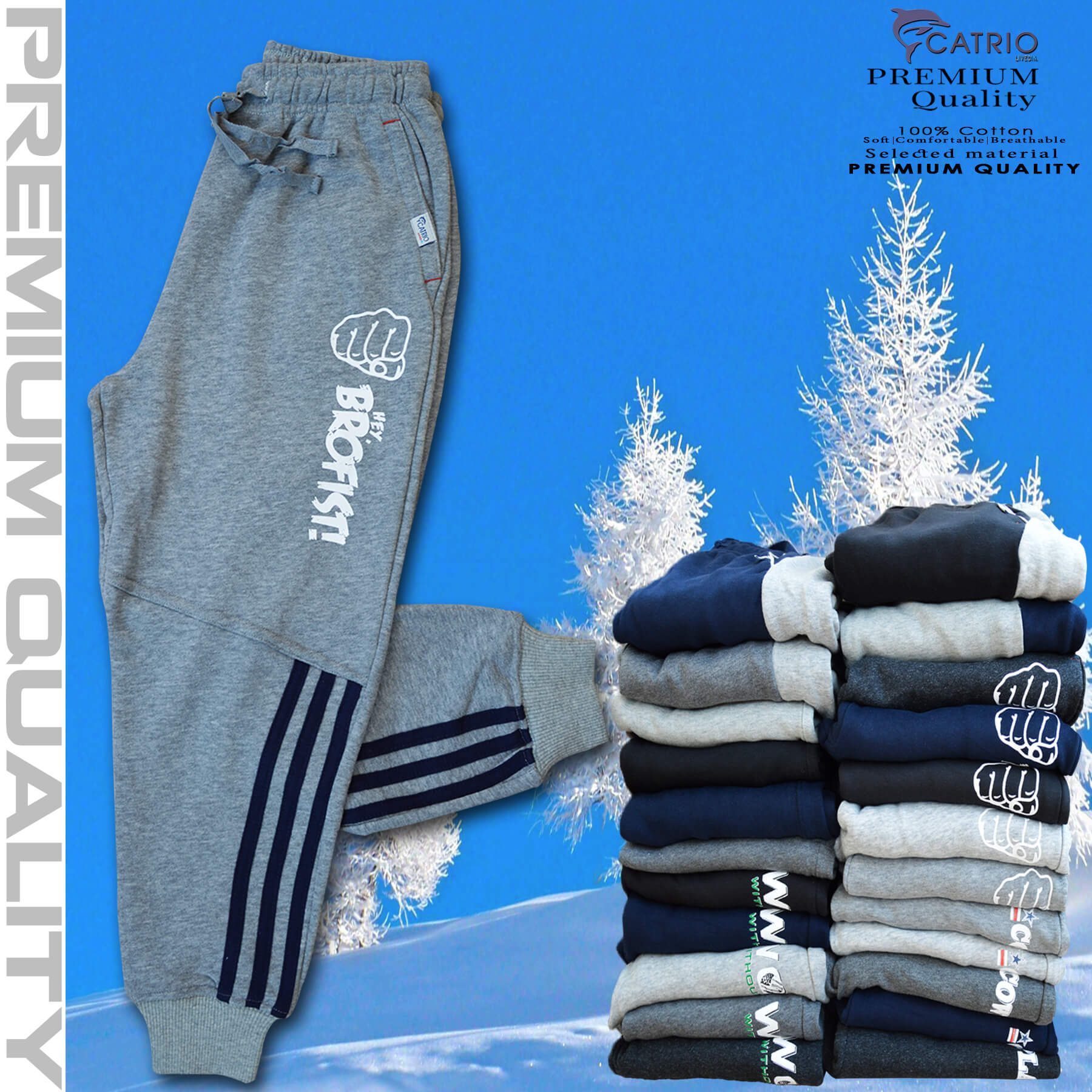 Quần dài bé trai vải 100% cotton in BROFIST màu XÁM ĐẬM là quần nỉ trẻ em CATRIO từ 9 tuổi đến 18 tuổi phù hợp thời tiết se lạnh mùa thu đông kiểu dáng thể thao tuyệt đẹp