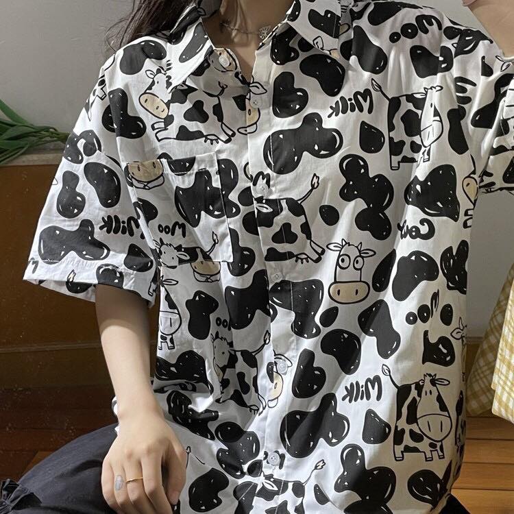 Áo Sơ Mi Hoạ Tiết Tay Lỡ Dáng Rộng,Sơ Mi Con Bò Tay Lửng Unisex - MM