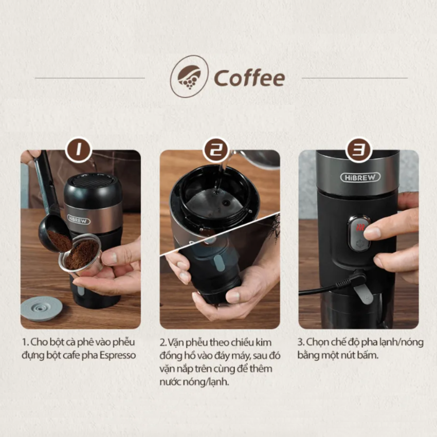 Máy pha cà phê cầm tay Espresso 3 trong 1 thương hiệu HiBREW cao cấp H4A công suất 80W, áp suất 60ml