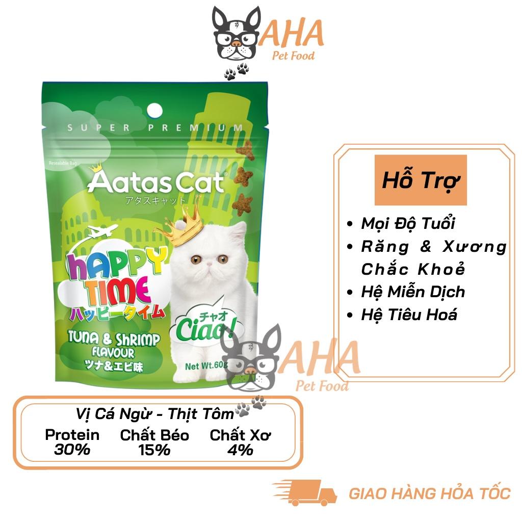 bánh thưởng cho mèo Aatas Cat 1 Bao 60g - Snack Happy Time cho mèo có 4 vị Cá Hồi, Cá Ngừ, Thịt Gà, Hải Sâm, Phô Mai