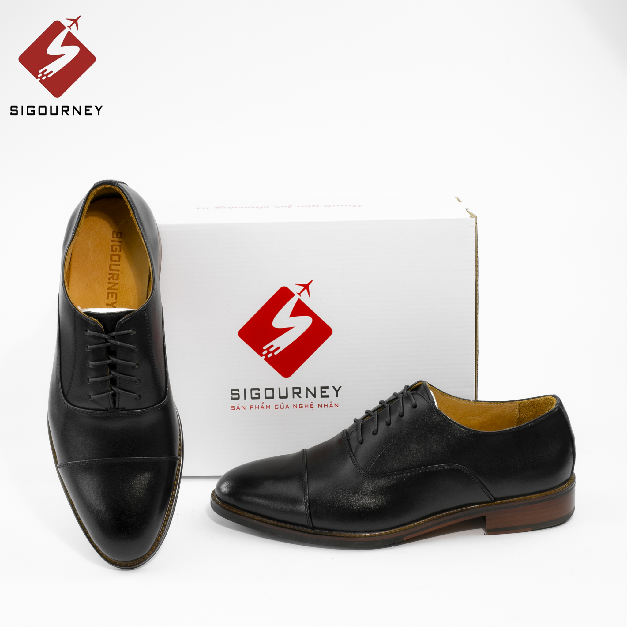 Giày Oxford Captoe Đế Phíp Cao Cấp SIGOURNEY Da Bò Nhập Khẩu Màu Đen Trơn SCC02 Bảo Hành 18 Tháng
