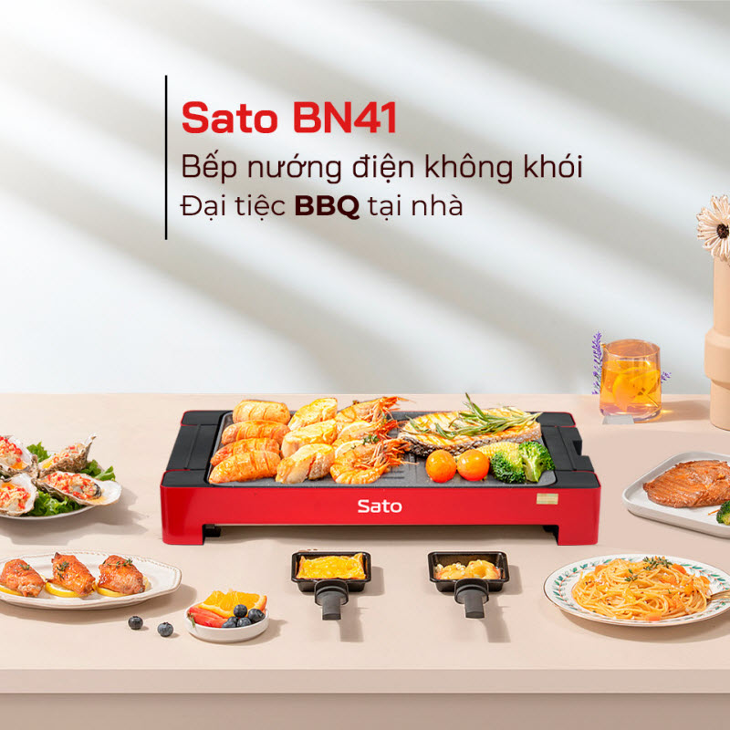 Bếp nướng điện SATO BN41 - Thân bếp hợp kim nhôm đúc nguyên khối phủ chống dính cao cấp. Công nghệ Nhật Bản - Sản xuất tại Việt Nam - Miễn phí vận chuyển toàn quốc - Hàng chính hãng