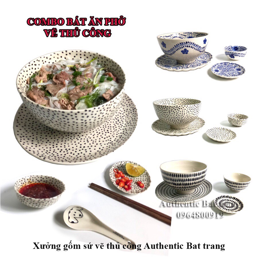 (COMBO) Bát tô sứ ăn phở vẽ tay thủ công - Tô 17H9cm + Dĩa D18cm + chén Sốt D8 + đĩa chanh ớt d9cm Authentic bat trang