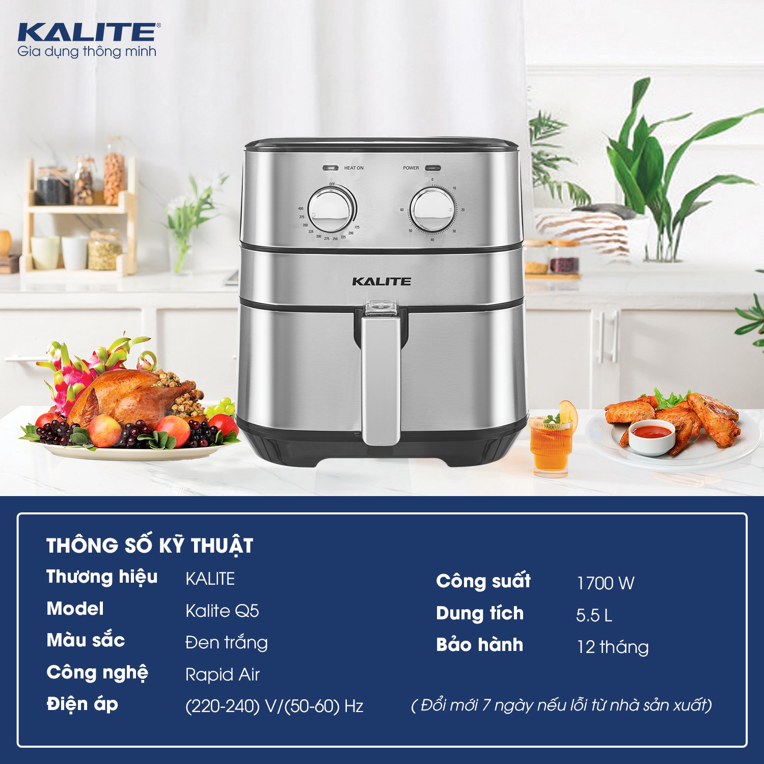 Nồi Chiên Không Dầu KALITE Q5 Thương Hiệu Úc 5.5L Công Suất 1700W - Hàng Chính Hãng