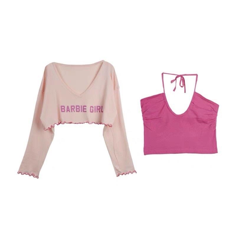 Set áo len dài tay gồm áo khoác mỏng GIRL mix áo 2 dây chất len dệt kim QC