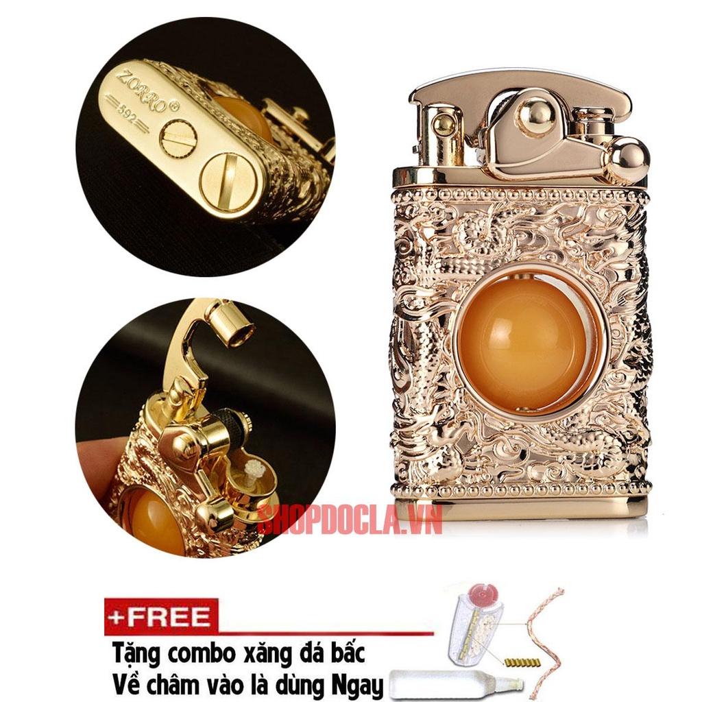 Bật Lửa Xăng Đá Zorro chạm khắc rồng quấn ngọc Mạ Vàng Viên Bi Ở Giữa Có Thể Xoay Tròn