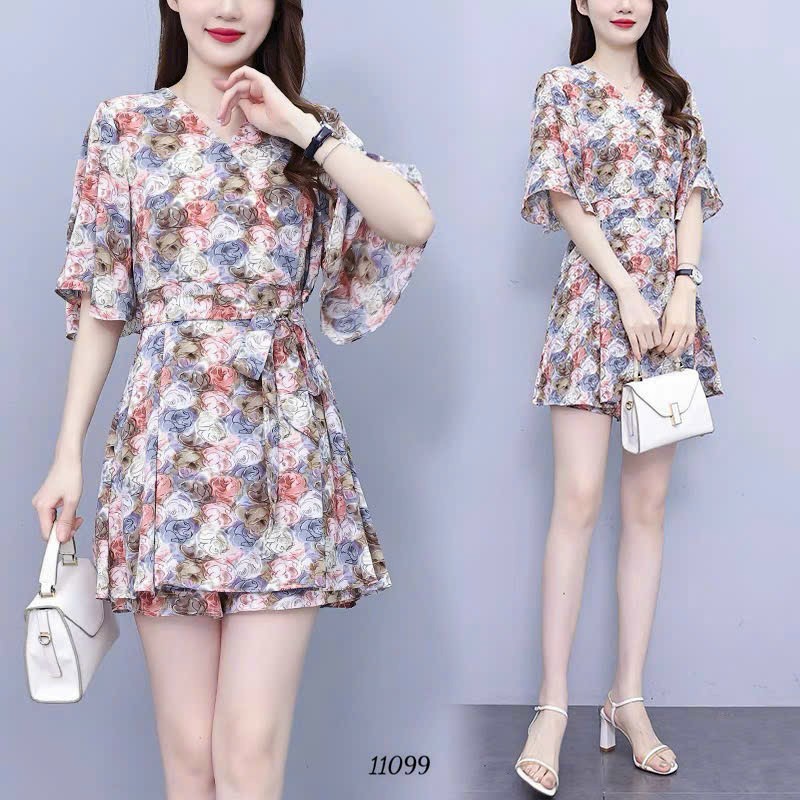 Set bộ lụa hàn dày hoa tay lững nữ quần ngắn mặc nhà dạo phố trẻ trung