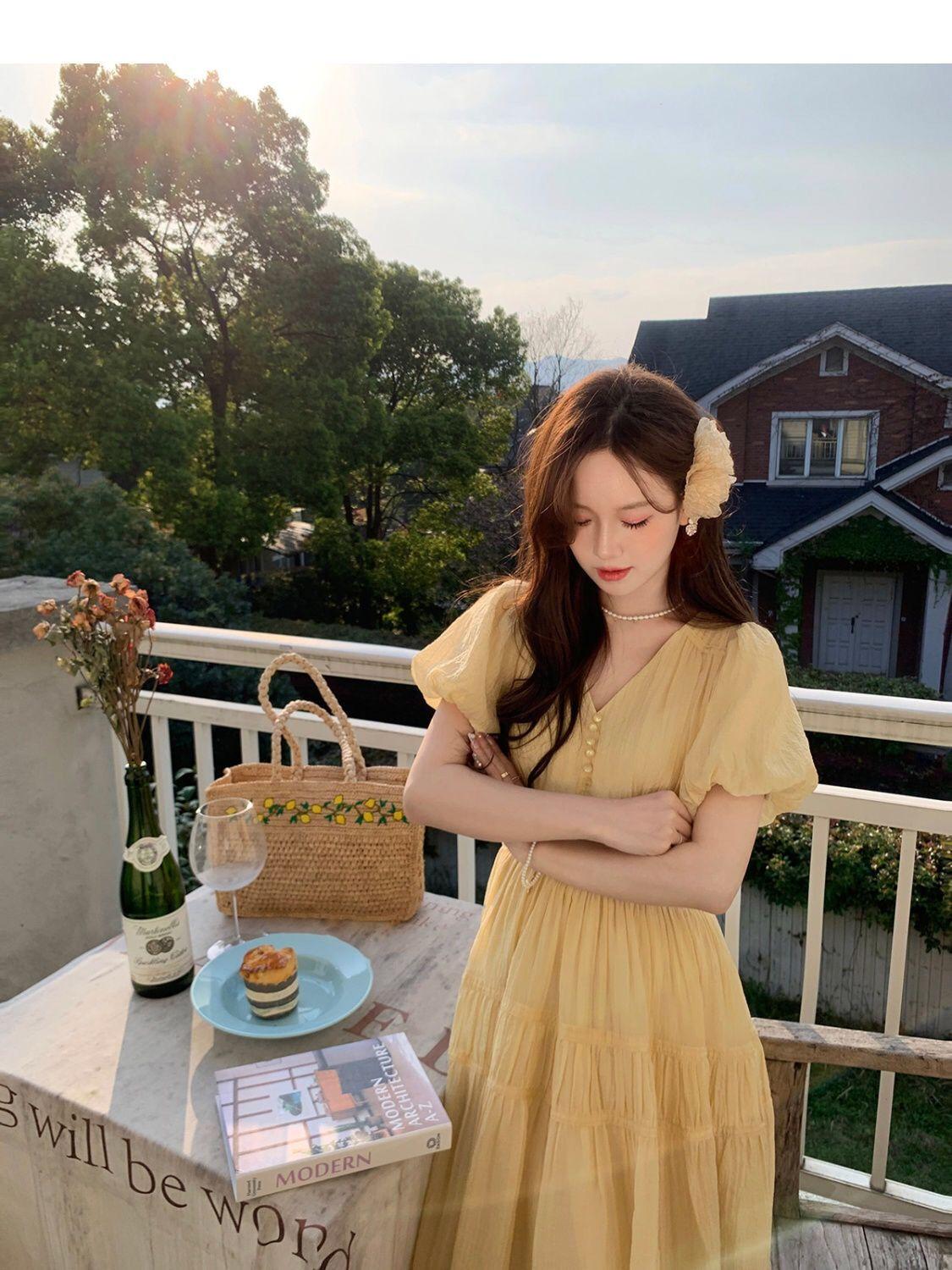 TOBE1SHOP DbyDoi Pháp Vintage dịu dàng gió hiển thị gầy v-cổ tiên nghỉ mát gió váy đầm đầm dài cho trẻ em mùa hè