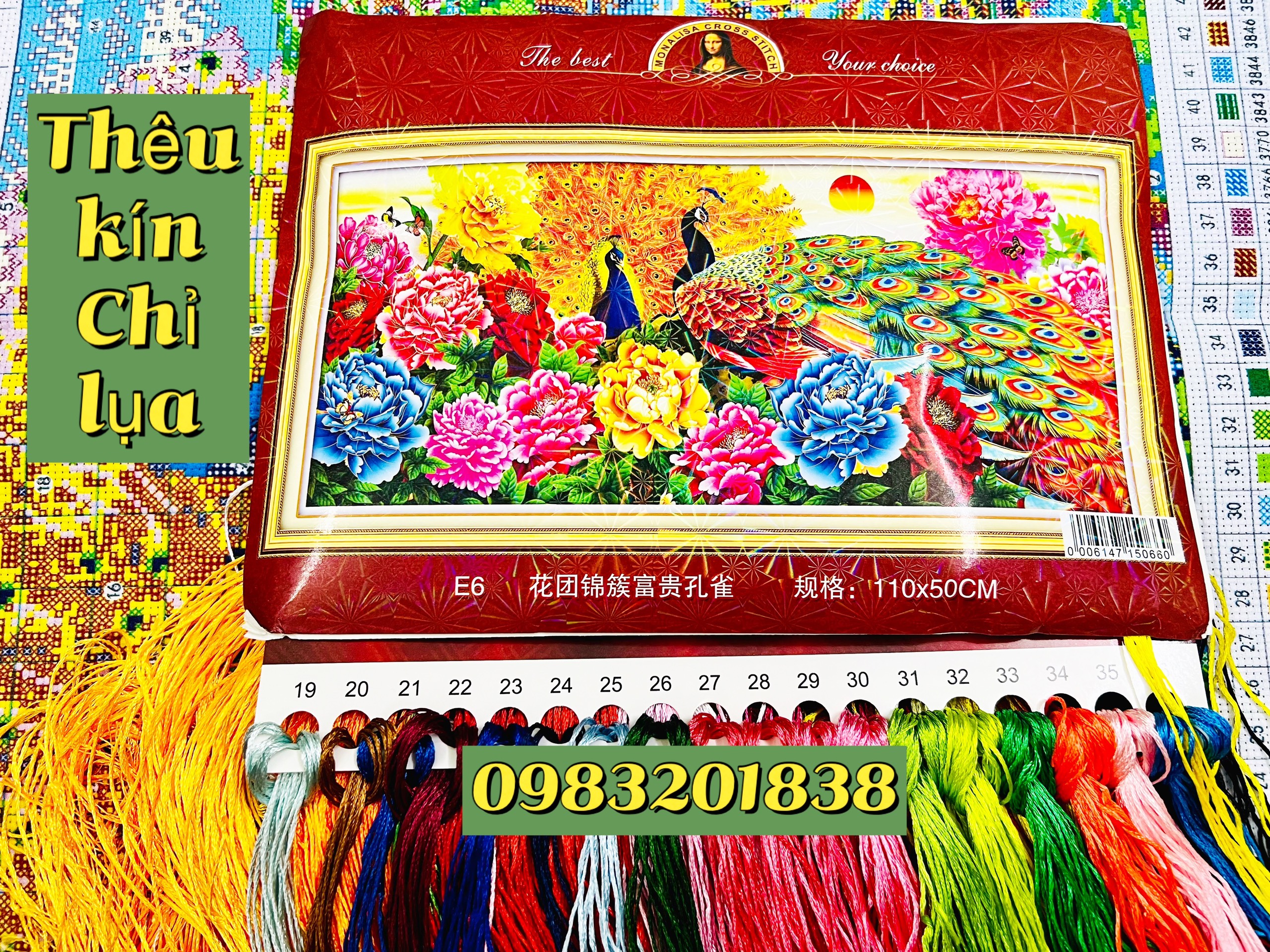 Tranh thêu kín chữ thập Đôi công hoa mẫu đơn E6, kích thước 110  x 55 cm