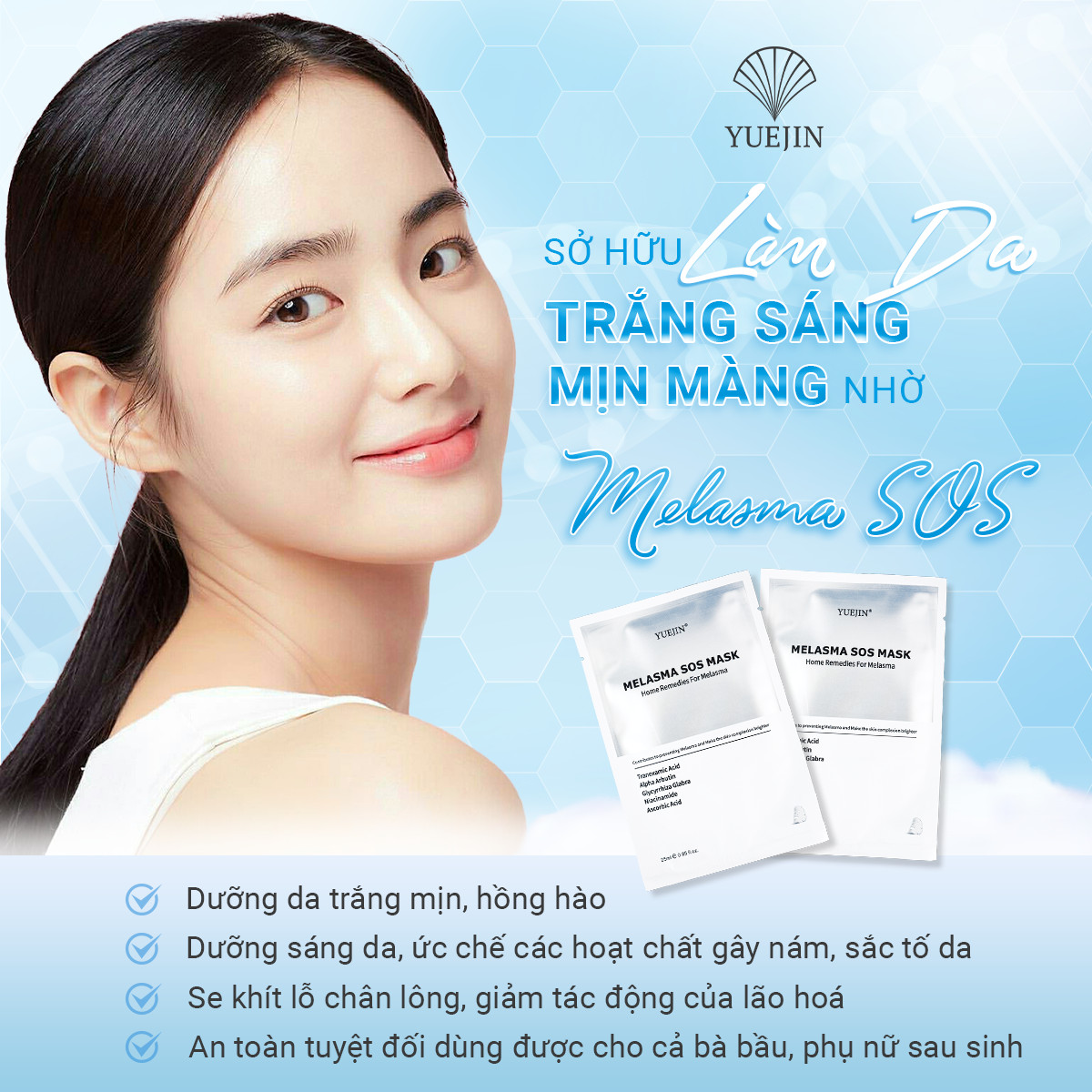 [Hộp 10 Miếng] Mặt Nạ Dưỡng Trắng Da Melasma SOS, cấp cứu cho làn da ĐEN SẠM - Yuejin