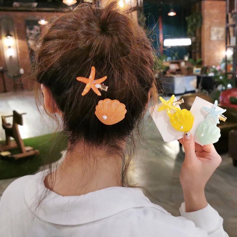 Kẹp tóc, Set kẹp tóc mini hình sao biển - vỏ sò kết ngọc kiểu dáng xinh xắn, màu sắc kẹo ngọt, phong cách Hàn Quốc