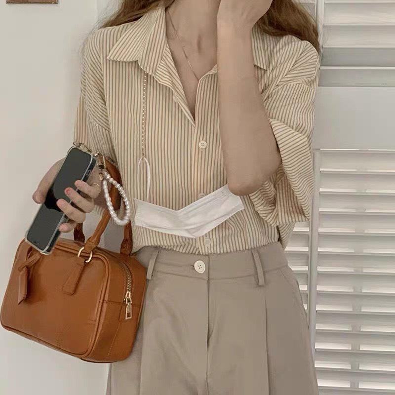Áo Sơ Mi Kẻ Xốp Dáng Thụng Cộc Tay