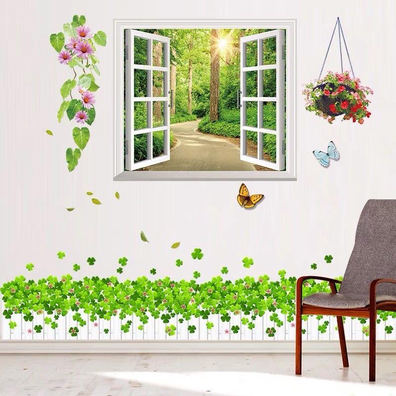 Decal dán tường cửa sổ xanh và chân cỏ may mắn