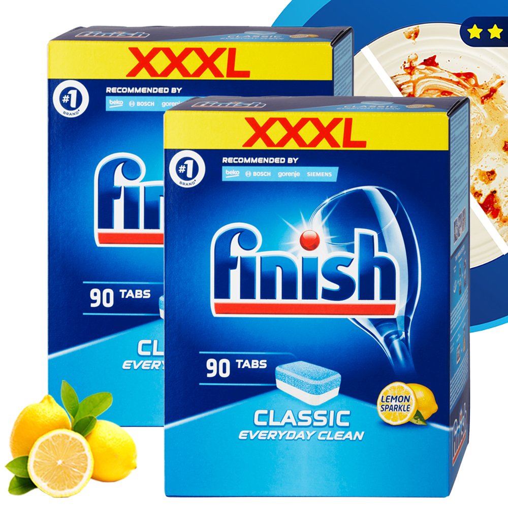 Combo 2 hộp 90 viên rửa bát Finish nhập khẩu Châu Âu Classic Dishwasher Tablets Lemon - hương chanh (2x90viên)