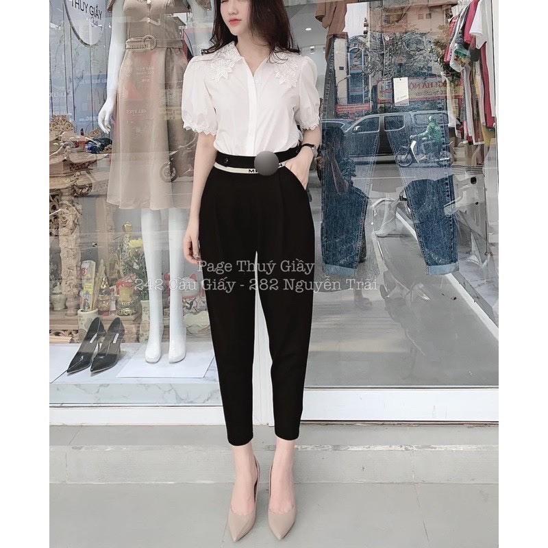 Quần baggy nữ phối cúc cạp chữ chất vải umi Hàn cao cấp