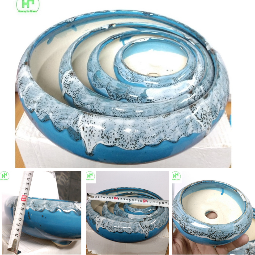 Bộ 4 Chậu gốm sứ BT trồng hoa, cây bonsai đủ kích thước, hoa văn độc đáo  - Màu xanh ngọc bích