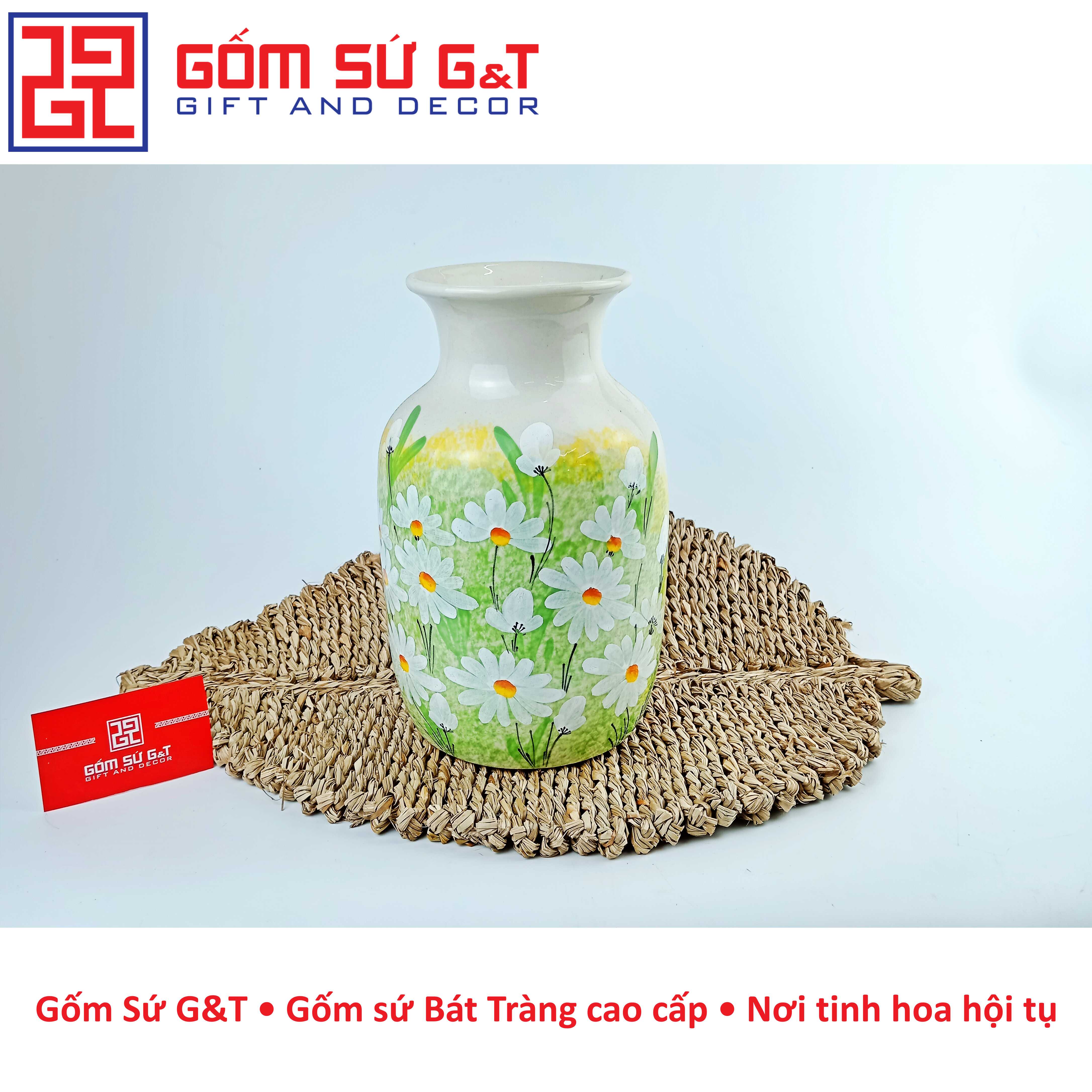 Lọ hoa dáng phích vai vuông vẽ cúc họa mi Gốm Sứ G&amp;T