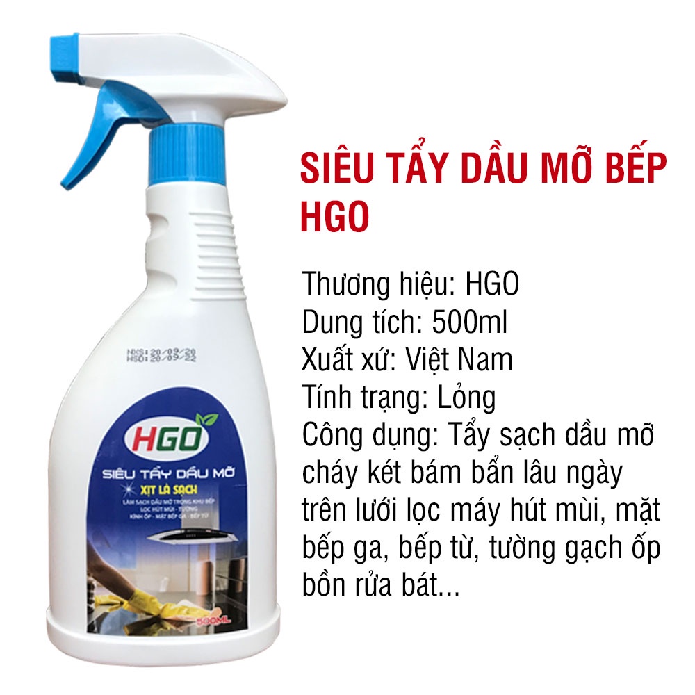 Tẩy dầu mỡ HGO tẩy sạch lưới lọc máy hút mùi, mặt bếp, bồn rửa bát, tường gạch ốp an toàn tiện lợi 500ml
