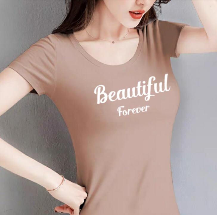 Áo thun nữ MXM cổ tròn form ôm body tôn dáng in chữ Beautiful mặc tôn dáng từ 40-52kg