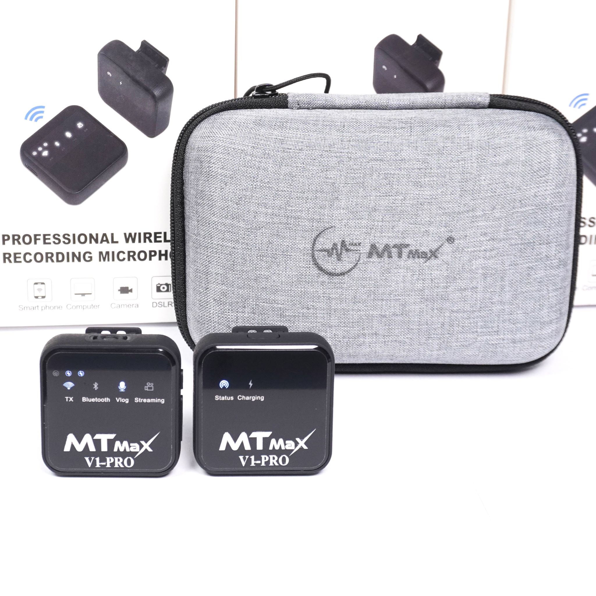 Micro cài áo Wireless MTMax V1-Pro - Mic thu âm không dây kết hợp Sound Card -  Lấy nhạc qua bluetooth - Tích hợp reverb hát livestream cực hay - Trang bị cổng cắm tai nghe kiểm âm - Micro dành cho điện thoại, máy ảnh, máy quay, DSLR - Hàng chính hãng