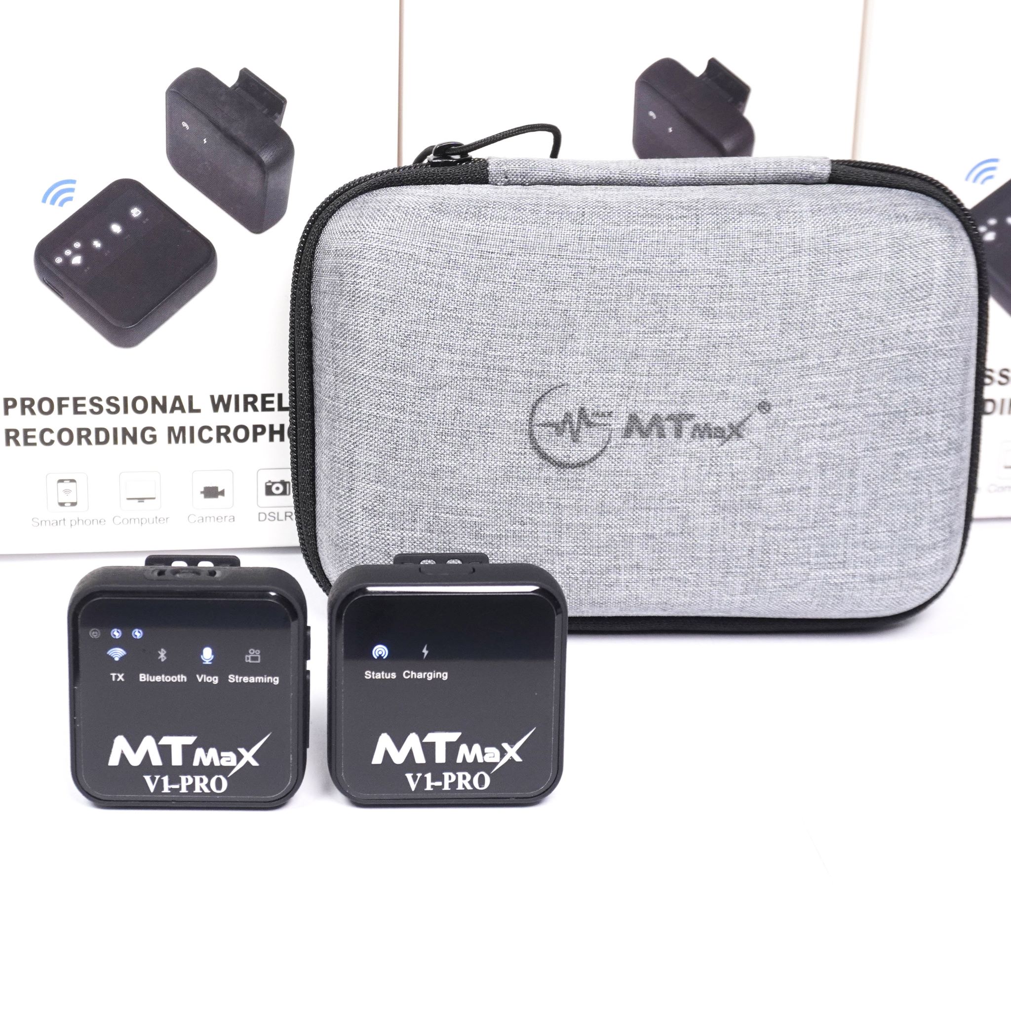 Micro cài áo Wireless MTMax V1-Pro - Mic thu âm không dây kết hợp Sound Card -  Lấy nhạc qua bluetooth - Tích hợp reverb hát livestream cực hay - Trang bị cổng cắm tai nghe kiểm âm - Micro dành cho điện thoại, máy ảnh, máy quay, DSLR - Hàng nhập khẩu