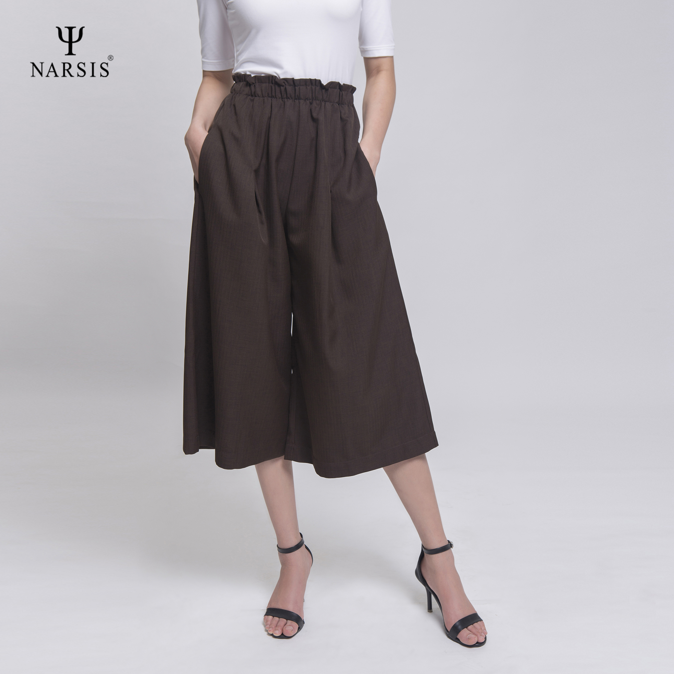 Quần xuông nữ lửng kẻ nâu Narsis P0010